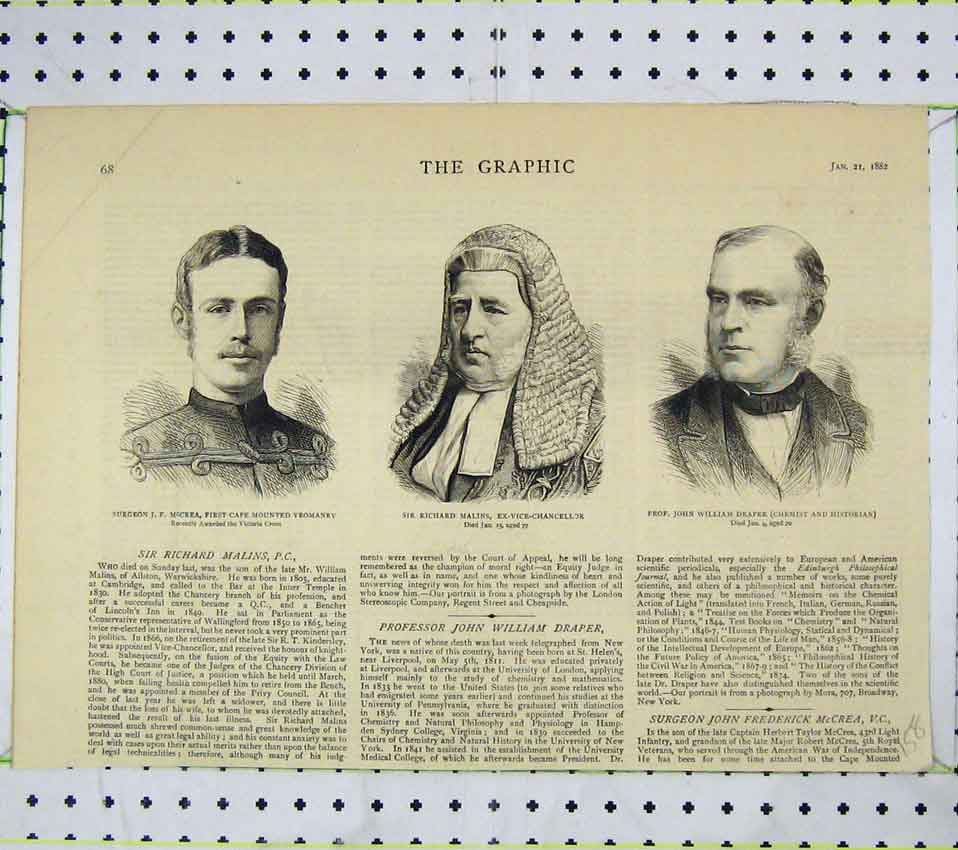 Original Old Antique Print 1882 Surgeon Mccrea Richard Malins William Draper