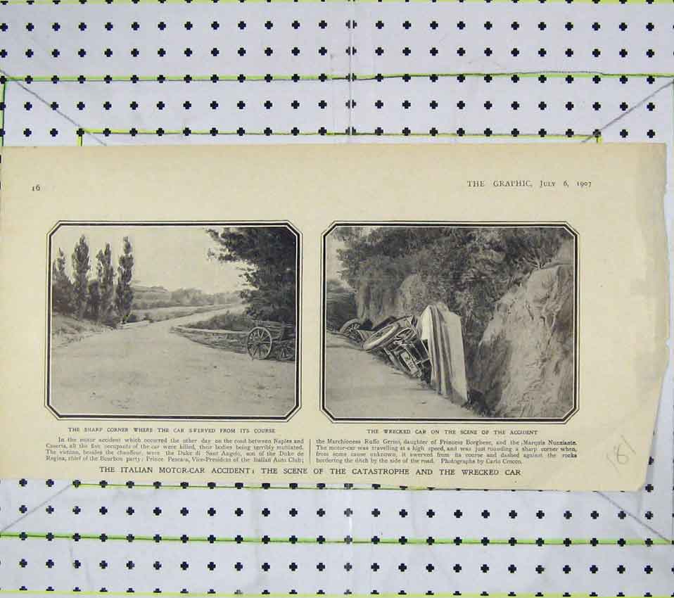 Original Old Antique Print 1907 Italian Motor Accident Wrecked Car 20th Century