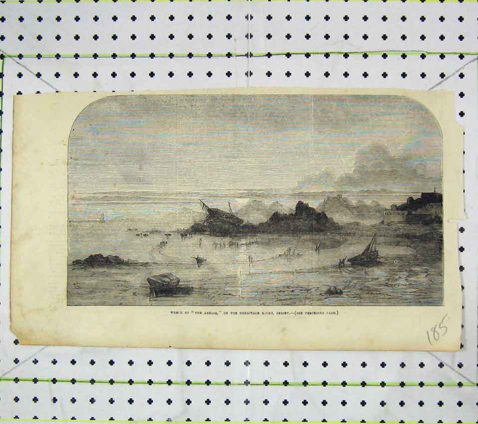 Original Old Antique Print Scene Wreck Amelia Hermitage Rocks Jersey Ships 19th