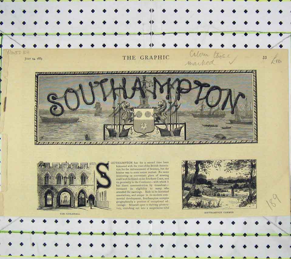 Original Old Antique Print 1883 Southampton View Guildhall Common Victorian