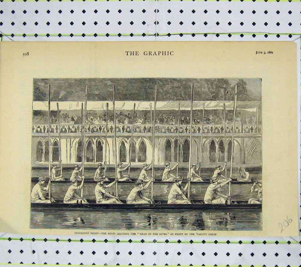 Original Old Antique Print 1882 Procession Night Boats Saluting River Varsity