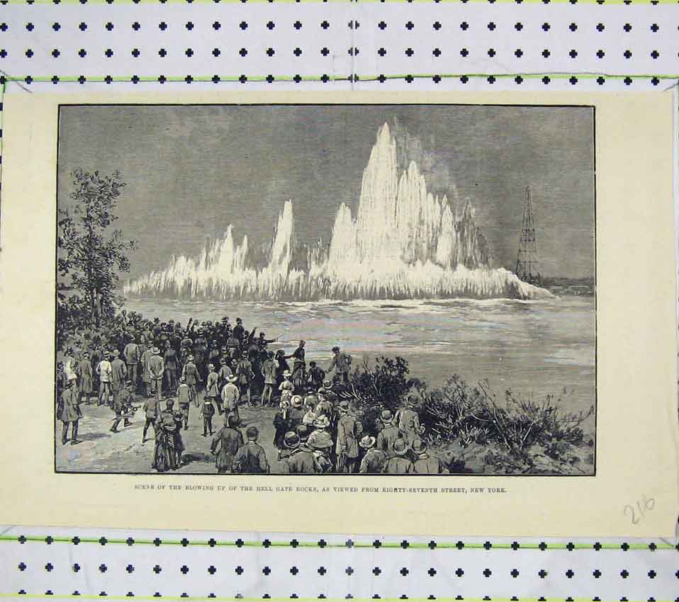 Original Old Antique Print Scene Blowing Hell Gate Rocks New York
