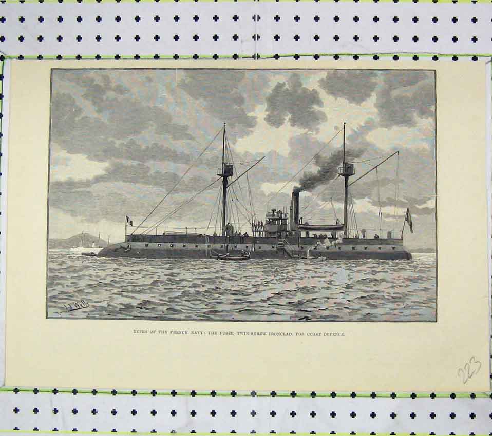 Original Old Antique Print French Navy Ships Fusee Twin-Screw Ironclad Defence