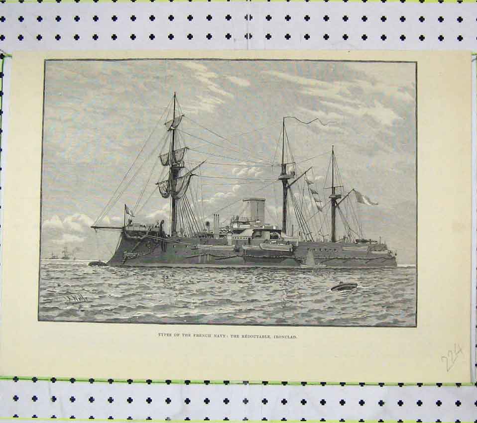 Original Old Antique Print French Navy Ships Redoutable Ironclad