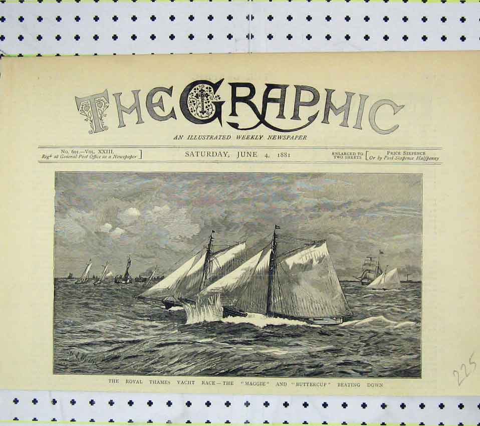 Old Antique Print Royal Thames Yacht Race 1881 Maggie Buttercup Beating 19th