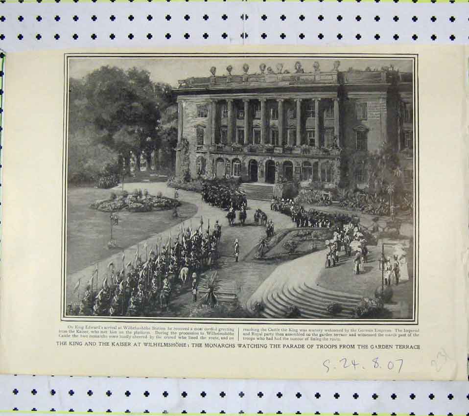 Old Antique Print King Kaiser Wilhelmshohe Parade Troops Garden Terrace