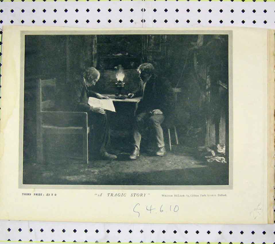 Original Old Antique Print Scene Tragic Story Men Sitting Table Candle Light