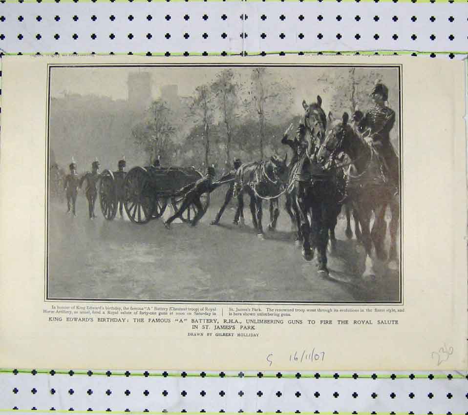 Old Antique Print King Edwards Birthday Battery Royal Salute James Park