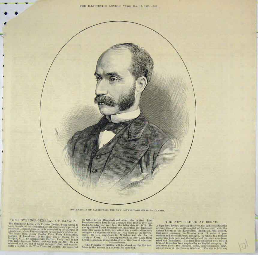 Original Old Antique Print 1883 Portrait Marquis Lansdowne Governor Canada 19th