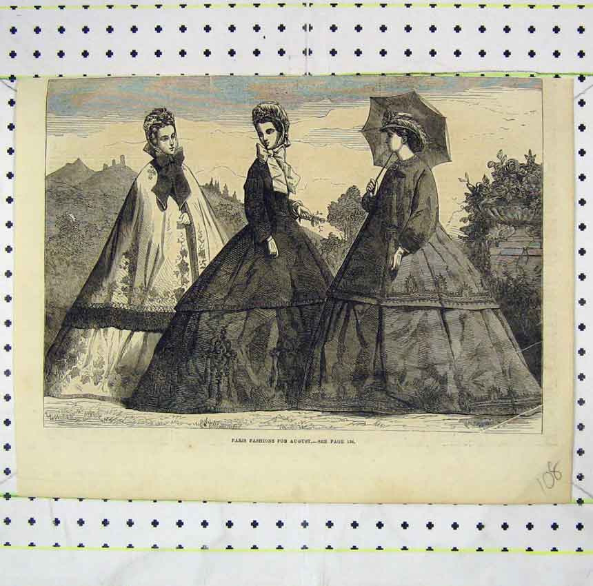 Original Old Antique Print Paris Fashions August Women Beautiful Dresses