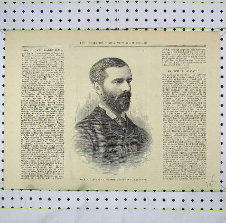 Original Old Antique Print 1882 Portrait Sir Malet British Consul-General Egypt
