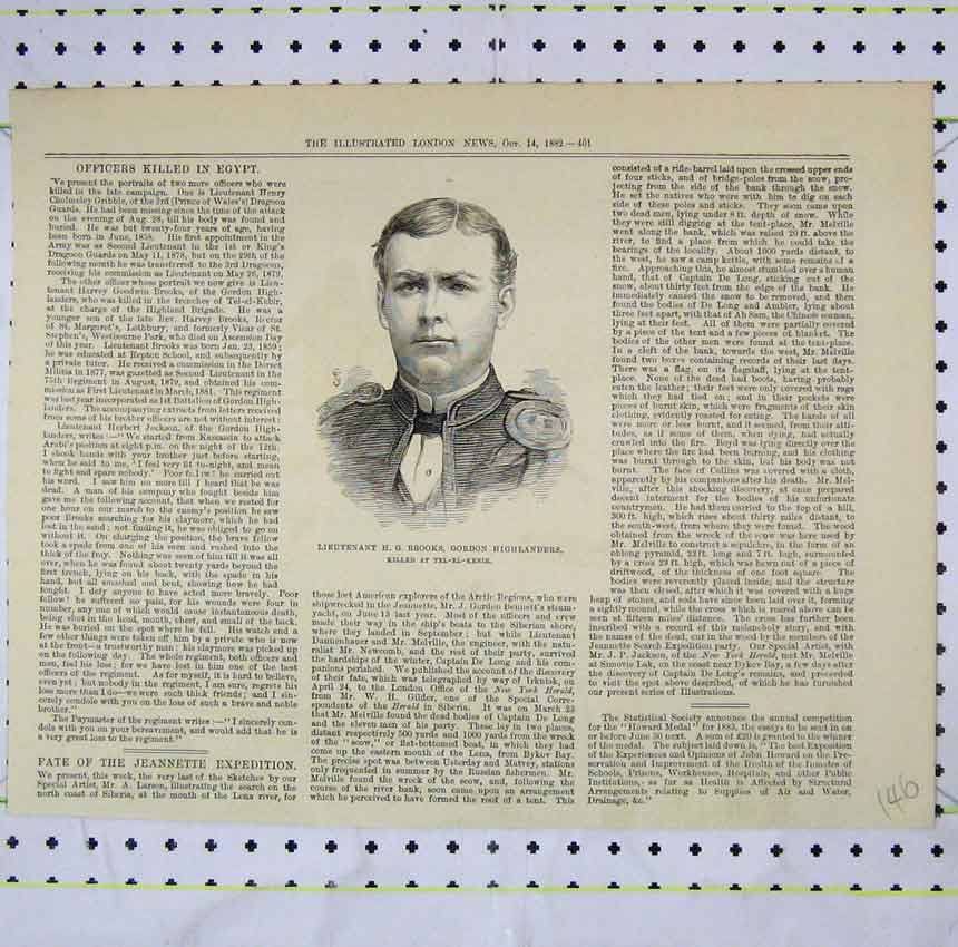 Original Old Antique Print 1882 Portrait Lieutenant Brooks Gordon Highlanders
