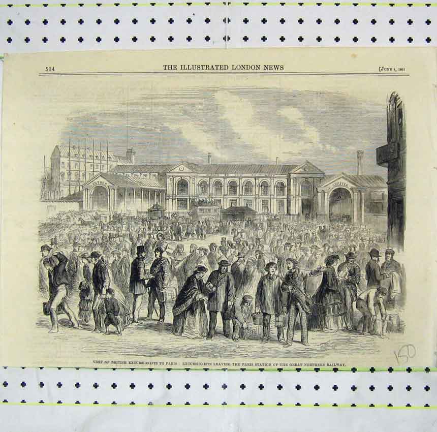 Old Antique Print 1861 British Excursionists Paris Station Great Railway 19th