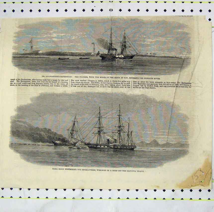 Old Antique Print Livingstone Expedition Pioneer Boats Sidon Enchantress