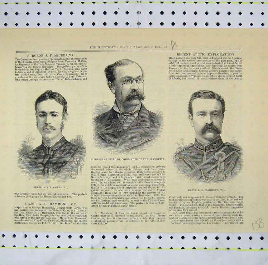 Original Old Antique Print 1882 Portrait M'Crea Lieutenant Long Major Hammond
