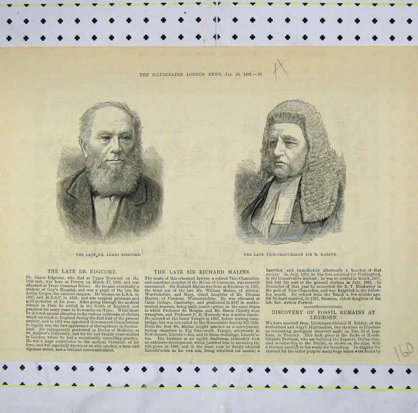 Original Old Antique Print 1882 Portrait James Edgcome Vice-Chacellor Malins