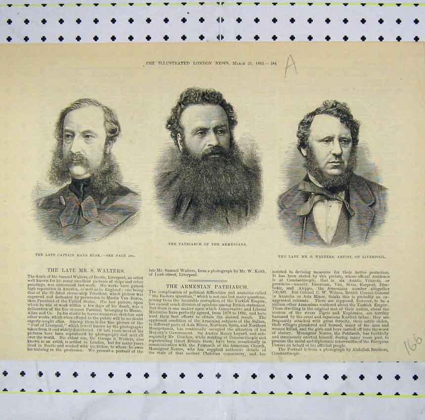 Old Antique Print 1882 Portrait Captain Hans Patriarch Armenians Walters 19th