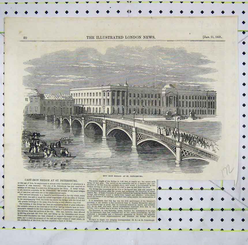 Original Old Antique Print 1851 View New Iron Bridge St Petersburg Victorian