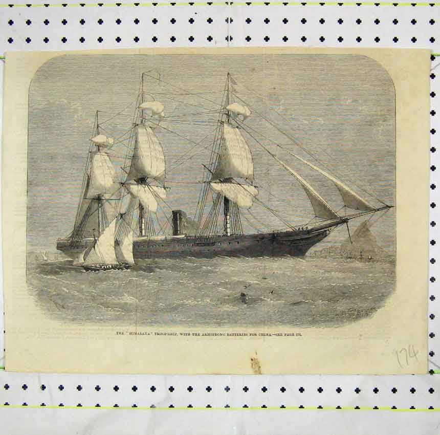 Original Old Antique Print Himalaya Troop-Ship Armstrong Batteries China