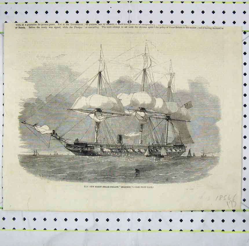 Original Old Antique Print 1856 View H. M Screw Steam-Frigate Shannon Victorian