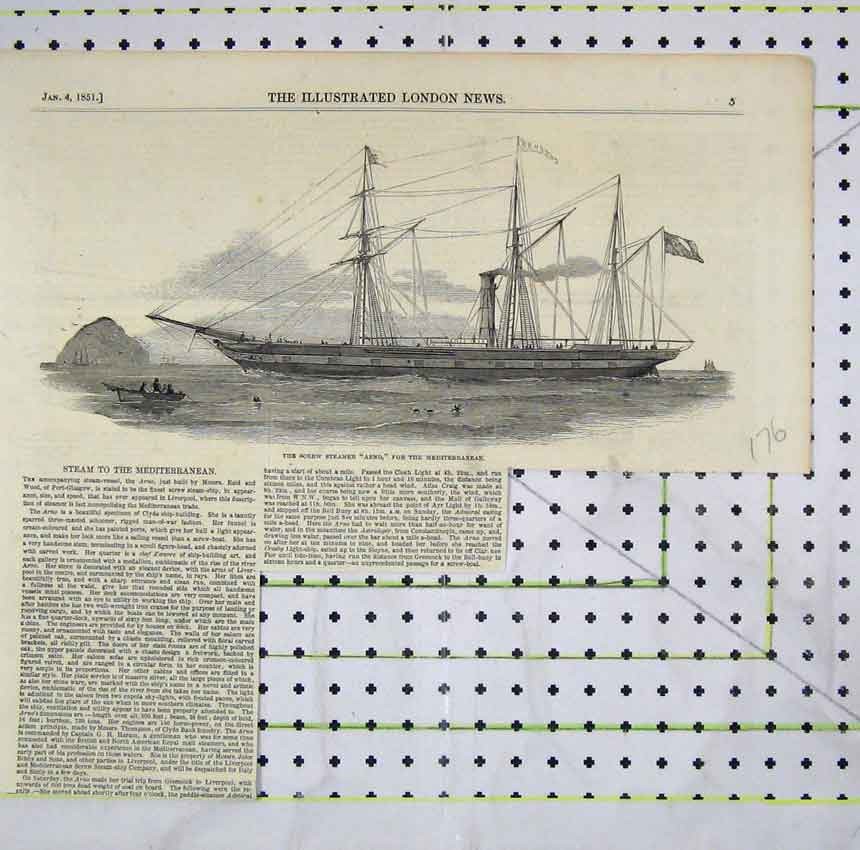 Original Old Antique Print 1851 Screw Steamer Arno Mediterranean 19th