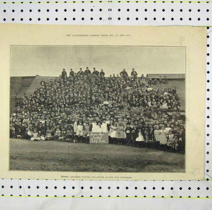 Old Antique Print 1893 Photograph Miner'S Children Dinner Ince Collieries 19th