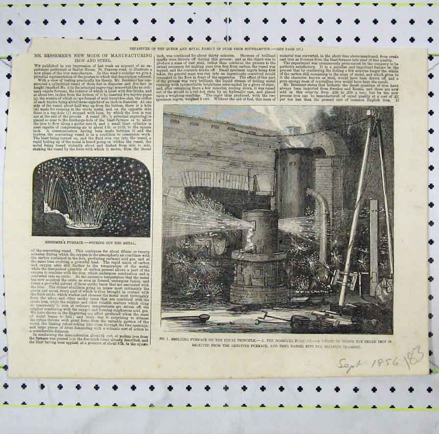 Original Old Antique Print Smelting Furnace Crude Iron Refinging Chamber Steel