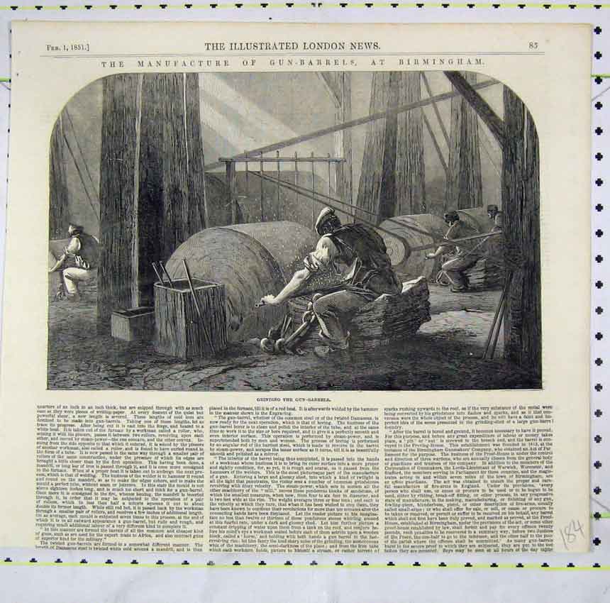 Original Old Antique Print 1851 Manufacture Gun-Barrels Birmingham Man Grinding