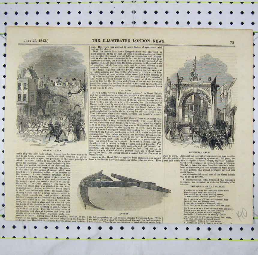 Original Old Antique Print 1843 View Triumphal Arch Ship'S Anchor Victorian