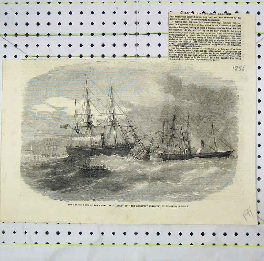 Old Antique Print 1856 Running Down Brigantine Virtue Resolute Kingstown 19th