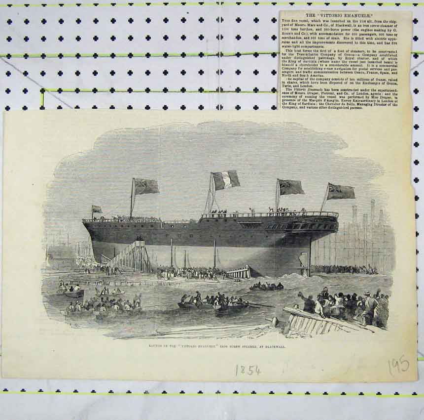 Old Antique Print Launch Vittorio Emanuele Iron Screw Steamer Blackwall 20th