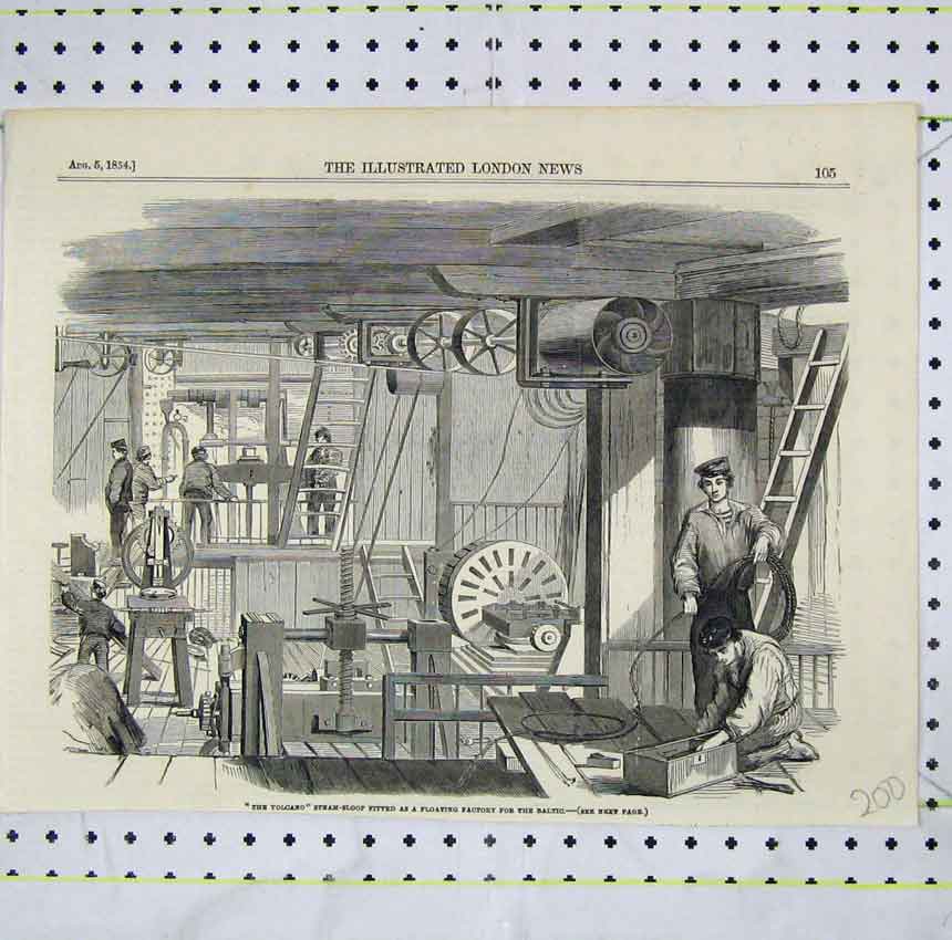 Old Antique Print 1854 View Volcano Steam-Sloop Floating Factory Baltic 19th