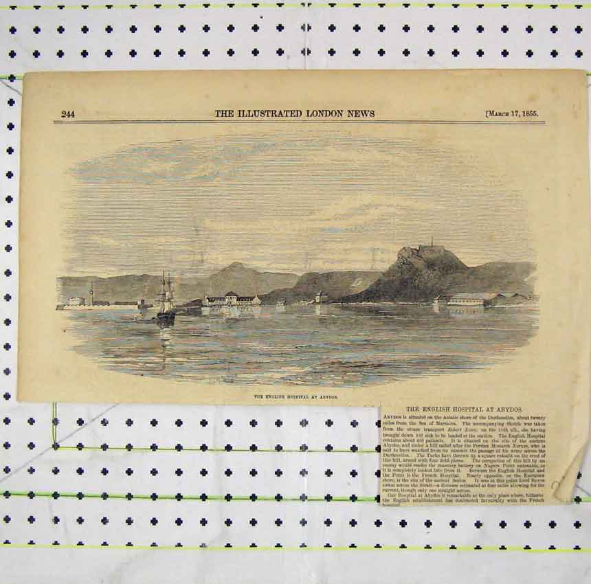 Original Old Antique Print 1855 View English Hospital Abydos Ships Victorian