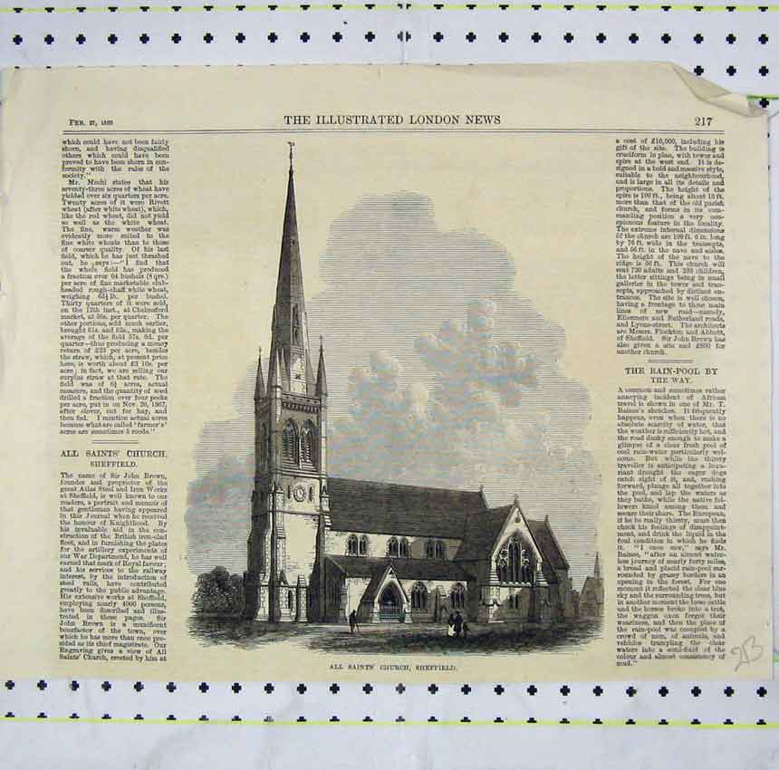 Original Old Antique Print 1869 View All Saints Church Sheffield 19th
