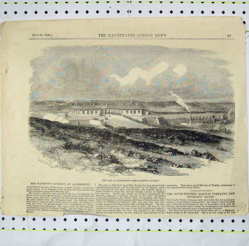 Original Old Antique Print 1856 View Camp Aldershot Majesty Queen Pavilion 19th