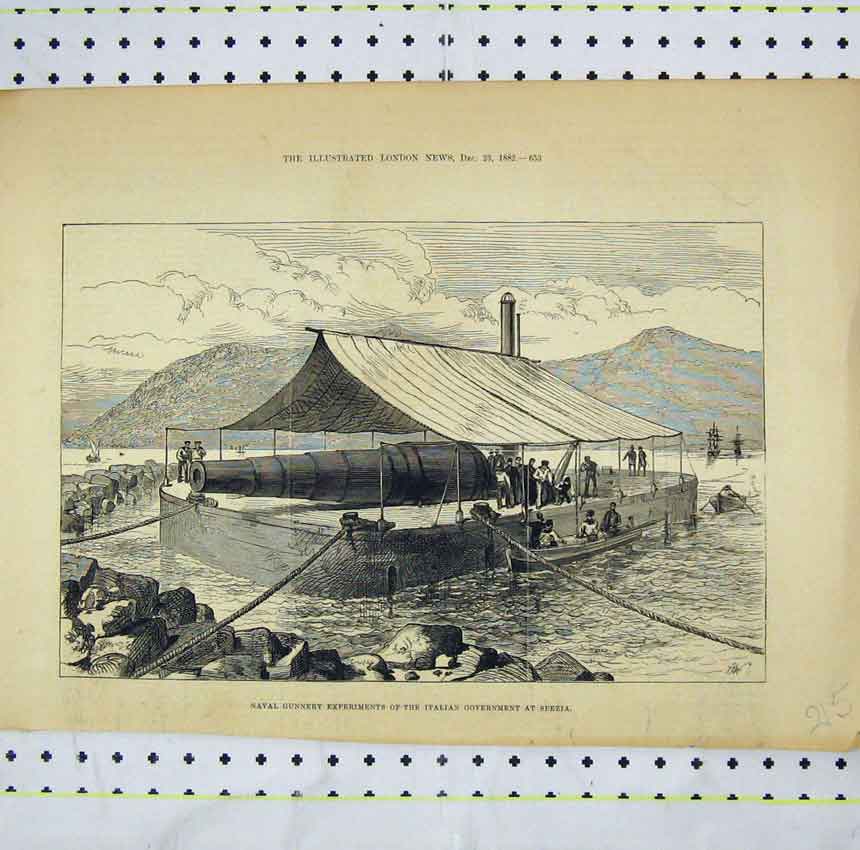 Old Antique Print 1882 Naval Gunnery Experiment Italian Government Spezia 19th