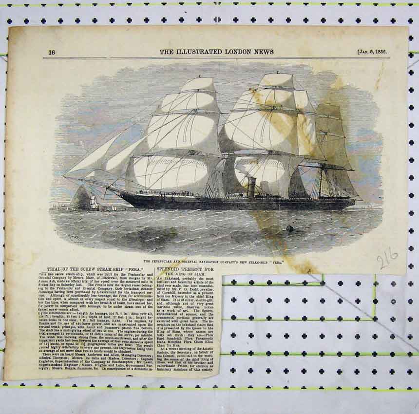 Original Old Antique Print 1856 Penninsular Navigation Compant Steam Ship Pera
