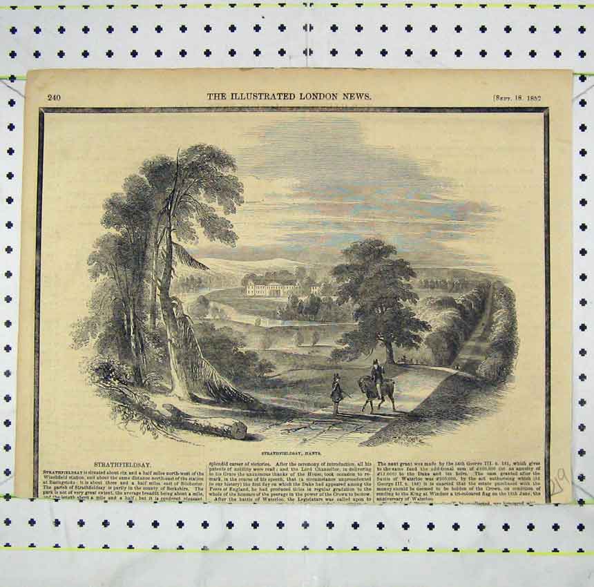 Original Old Antique Print 1852 View Strathfieldsay Hants Country Scene 19th