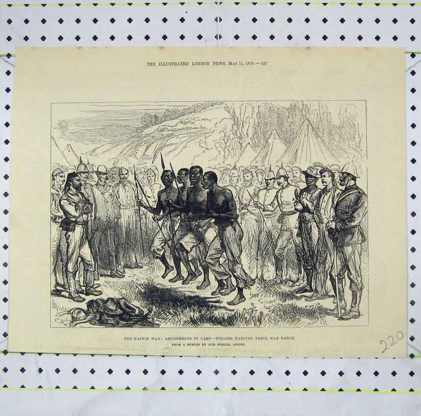 Original Old Antique Print 1878 Kaffir War Amusements Camp Fingoes War Dancing