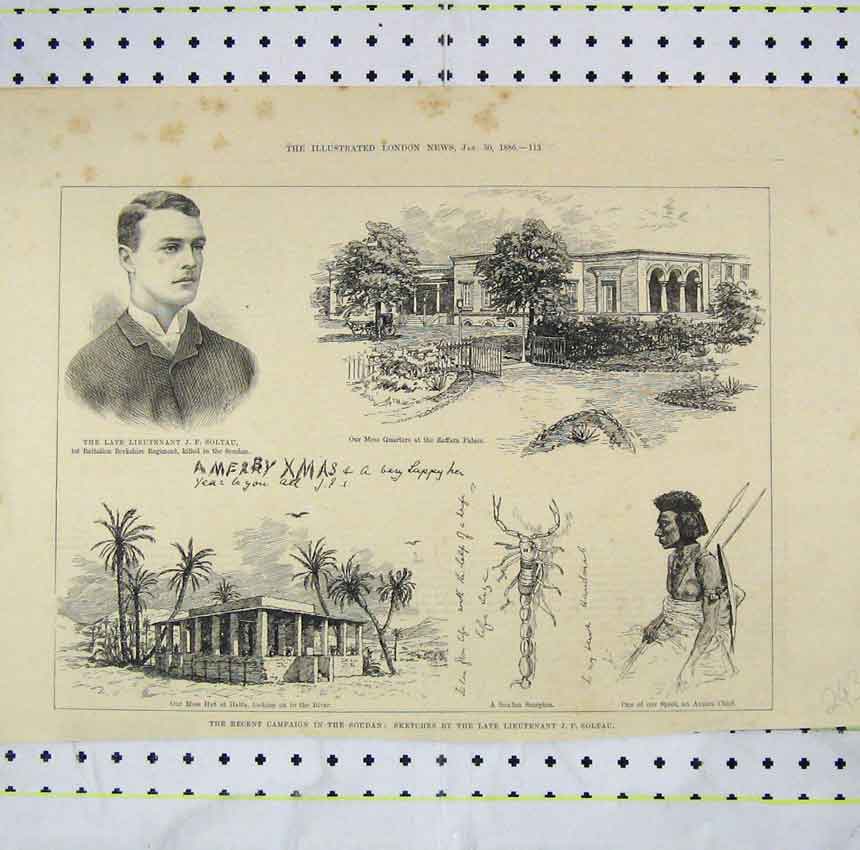 Original Old Antique Print 1886 Recent Campaign Soudan Hut Halfa Amara Chief