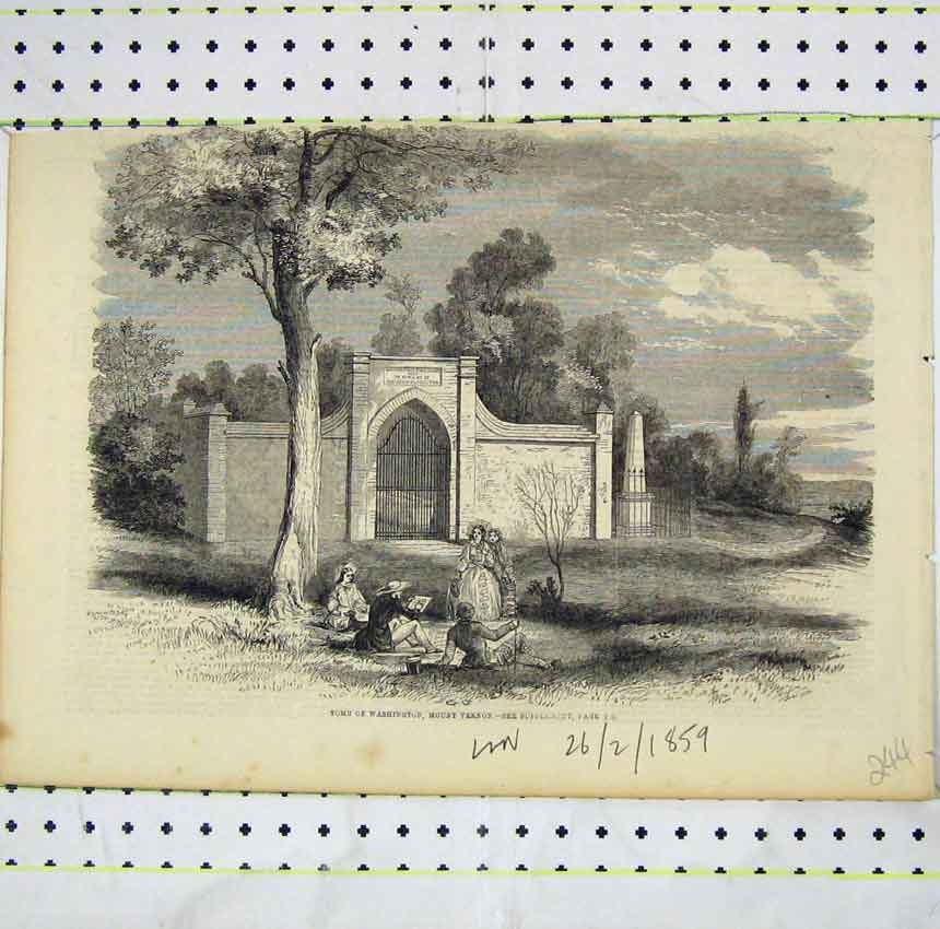 Original Old Antique Print Country Scene Tomb Washington Mount Vernon