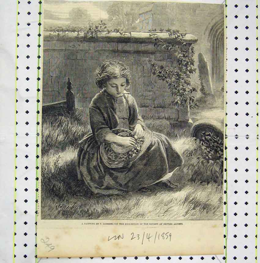 Original Old Antique Print Painting Roberts Young Girl Garden British Artists
