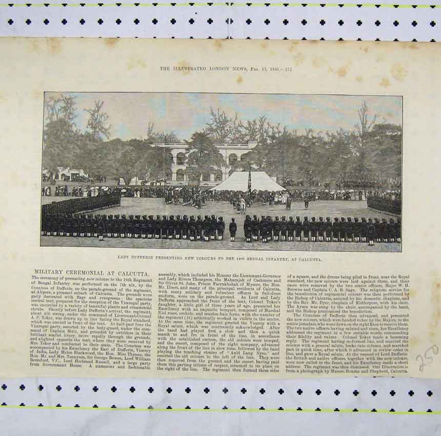 Old Antique Print 1886 Lady Dufferin Presenting Colours Begal Infantry 19th