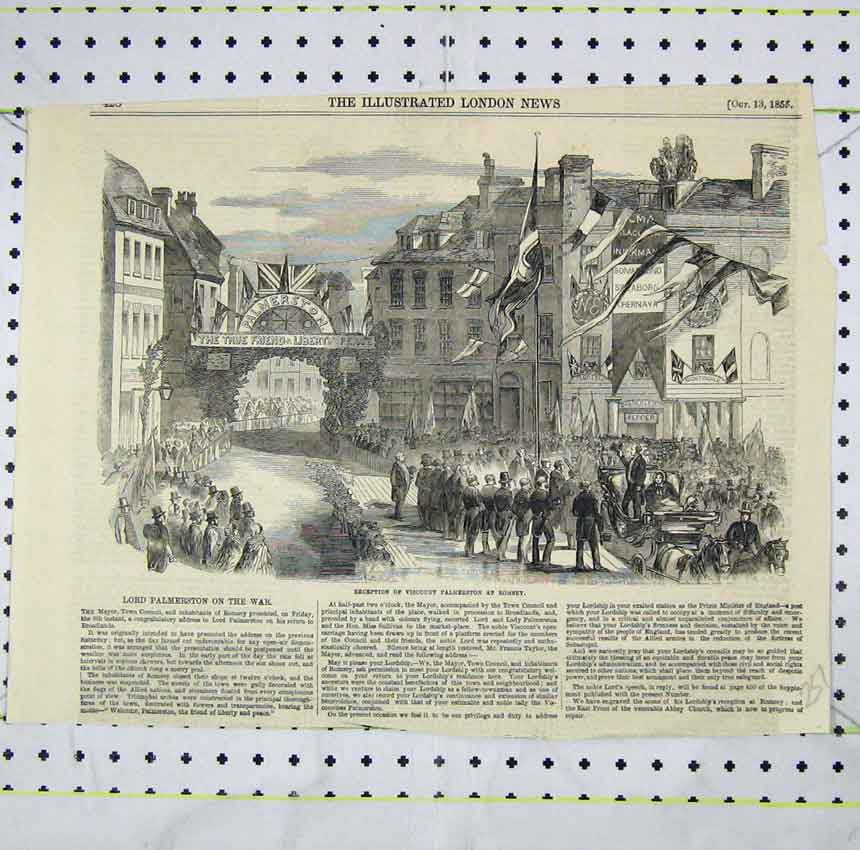 Old Antique Print 1855 Street Scene Reception Viscount Palmerston Romsey 19th