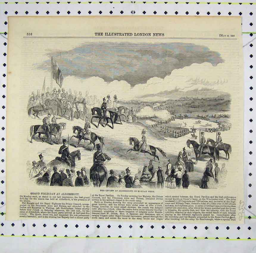 Original Old Antique Print 1859 Scene Review Aldershot Horses Siers Victorian