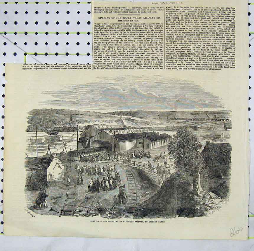 Original Old Antique Print Scene Opening South Wales Extension Railway Milford