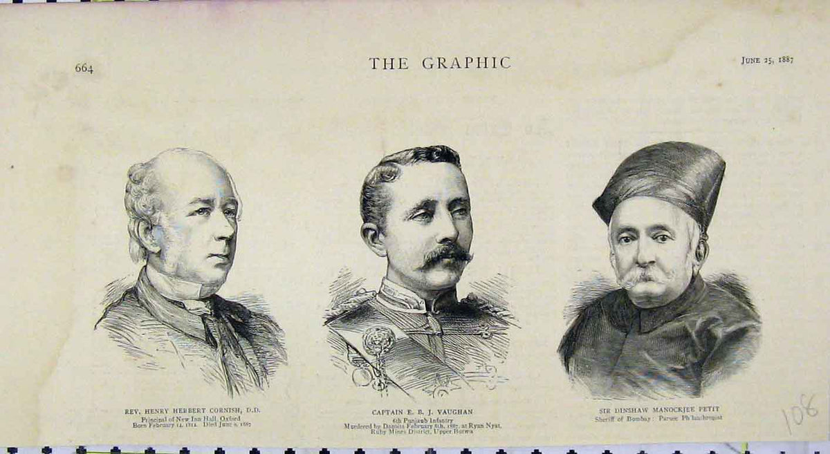 Old Antique Print 1887 Portrait Henry Cornish Vaughan Sir Dinshaw Petit 19th