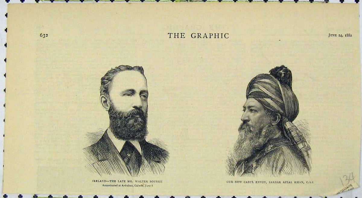 Original Old Antique Print 1882 Portrait Walter Bourke Cabul Envoy Sardar Khan
