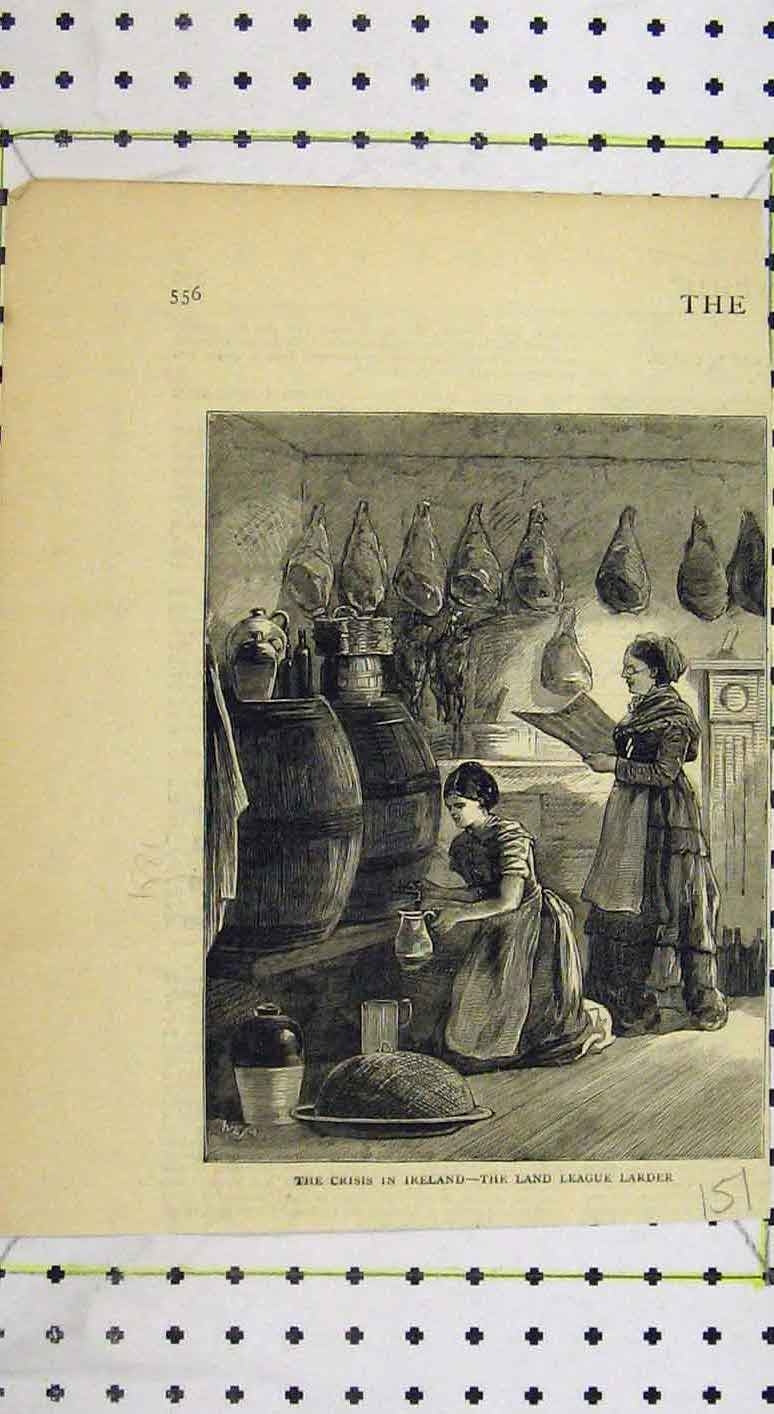 Original Old Antique Print Crisis Ireland Scene Land League Larder