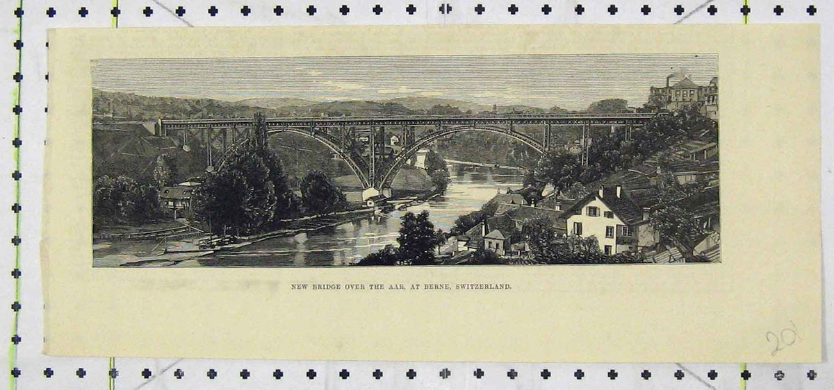 Original Old Antique Print View New Bridge Aar River Berne Switzerland